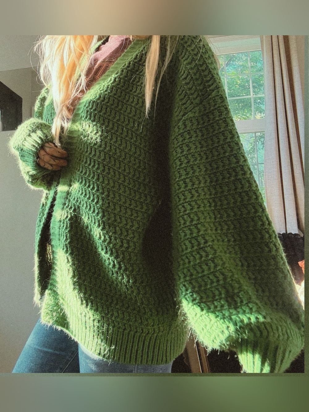 Zyia Active Oversized Thick Green Waffle Knit Cardigan Size S